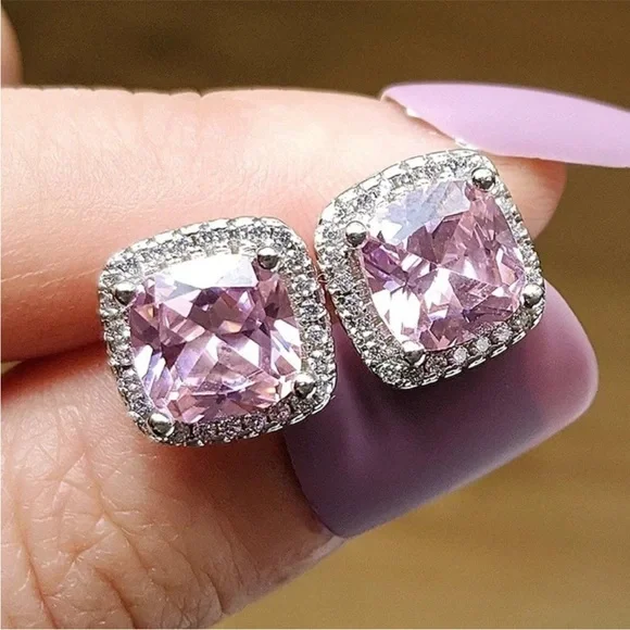 NEW 925 Silver Cushion Pink Sapphire Halo Studs - Picture 1 of 4